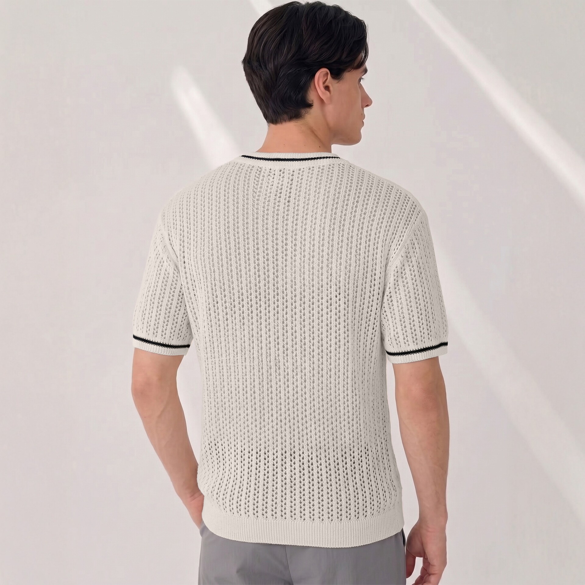 Herren-Sommerpullover mit Lochmuster, Strickmuster, Rundhalsausschnitt, Kurzarm, vielseitiger Stil, atmungsaktives Oberteil_voghion.com