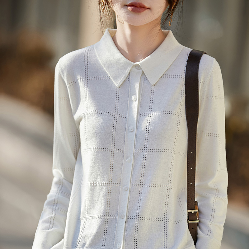 2026 Spring and Autumn New Fine Wool Cashmere Polo Collar Knitted Cardigan Long Sleeve Women's Hollow Out Solid Color Top 2026 Spring and Autumn New Fine Wool Cashmere Polo Collar Knitted Cardigan Long Sleeve Women's Hollow Out Solid Color Top