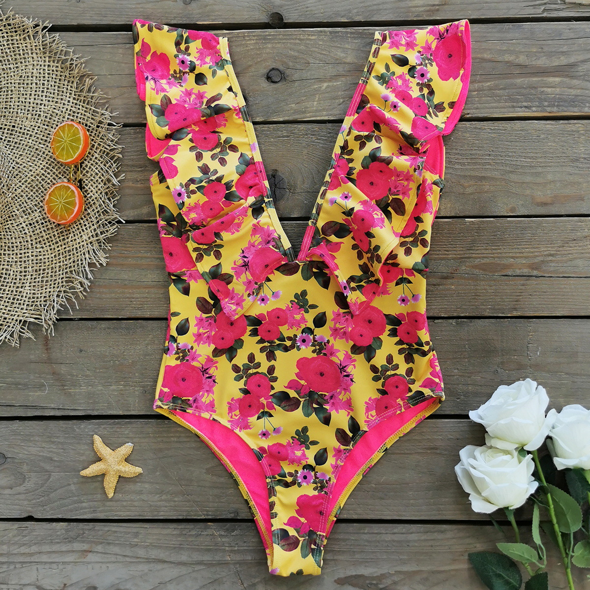 291g Weight Sleeveless Sleeve Length Polyester Fabric Type Short Top Length One-pieces Tops Type 1 Piece Quantity Swimming Occasion V Neck Neckline Slim Fit Type Flower Pattern Women's Gender Vacation Style Women's Vacation Flower 1 Piece One Piece Swimwear 17