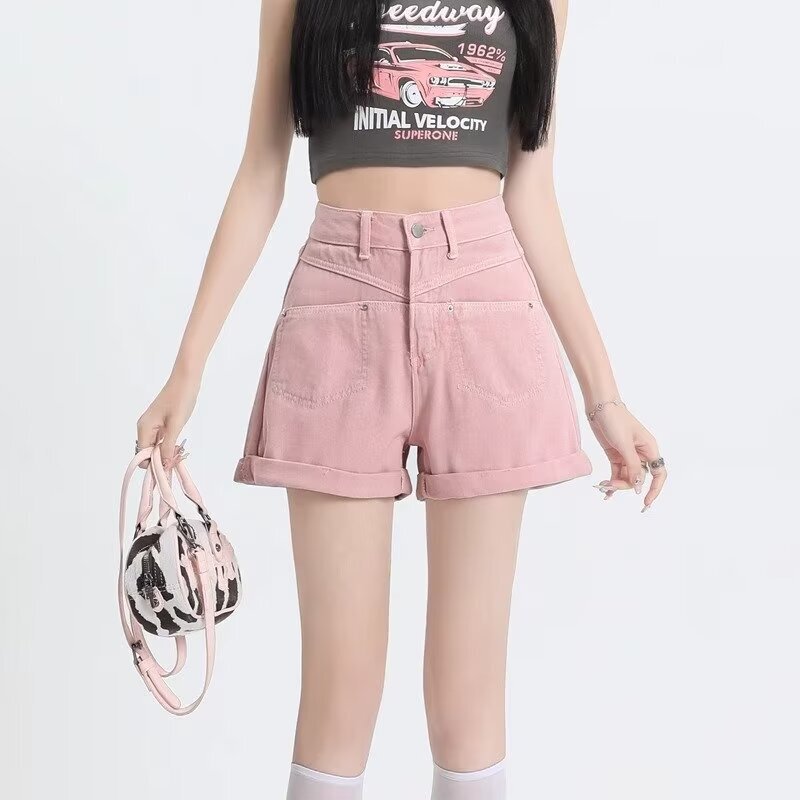 Pink Curl Denim Shorts Women's Summer 2025 New Arrival High Waist A- Character Hot Hot Pants