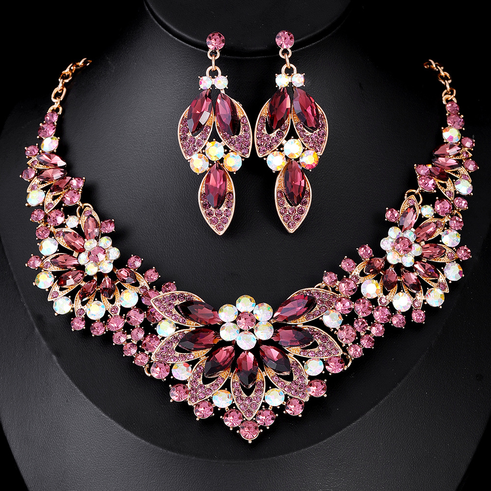 跨境欧美礼服饰品首饰套装 项链耳环两件套 彩色花朵新娘服装配饰