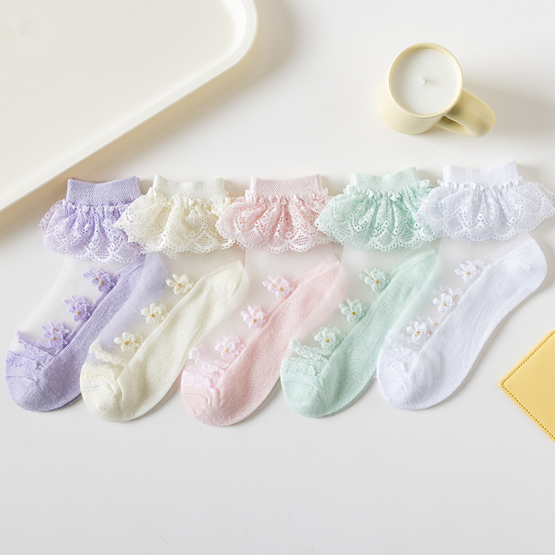 Crystal socks girls lace socks summer thin mesh white baby lace princess ice stockings children's socks pure cotton