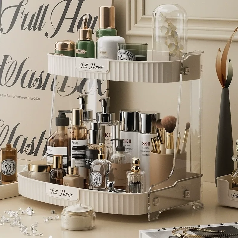 Cosmetic Storage Box 8001, Cream Dressing Table Organizer, Single or Double Layer, Light Luxury