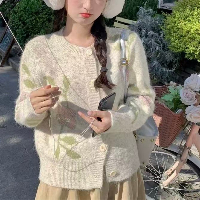 韩系少女风提花花朵温柔针织衫女秋冬新款宽松慵懒高级感毛衣外套|undefined
