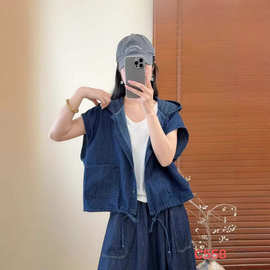 2026春夏新品 日系文艺纯色连帽宽松水洗牛仔马甲背心女百搭休闲