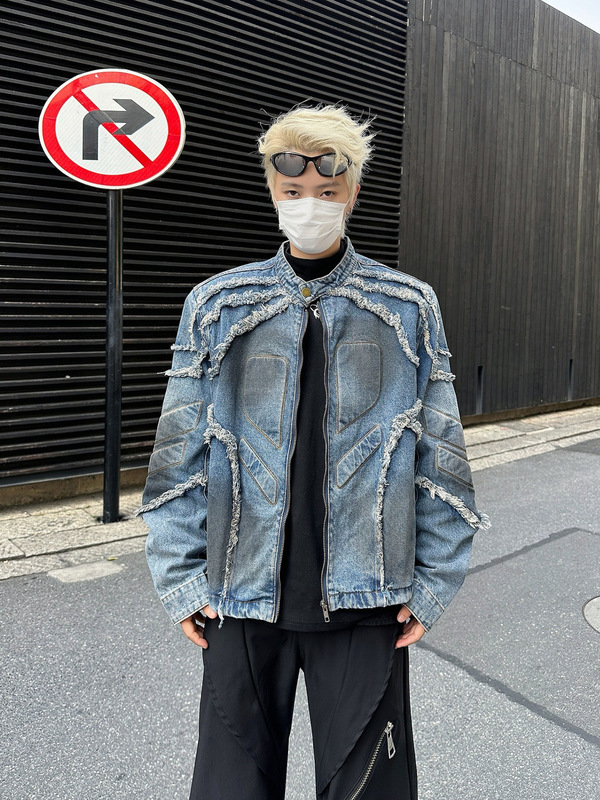 新款美式复古重磅牛仔外套男款流苏毛边垫肩机车夹克上衣男装跨境|undefined