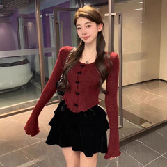 绝美别致木耳边设计正肩圆领打底衫春秋纯色甜辣妹收腰显瘦上衣女