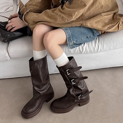 2025新款真皮复古褶皱圆头粗跟堆堆靴马丁靴女皮带扣骑士裤管靴子