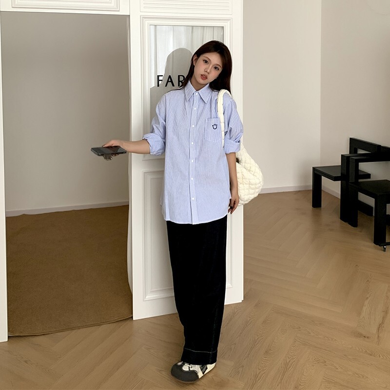 潮牌笑脸刺绣条纹衬衫2025男女款美式多巴胺长袖衬衣情侣装外套秋|undefined