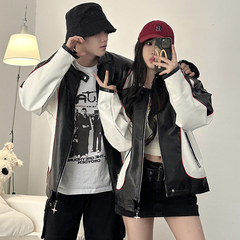 아메리칸 스타일 레트로 커플 의류 가을 겨울 자켓 남성 봄과 가을 컬러 매칭 수직 칼라 오토바이 패션 브랜드 작업복 야구 세트