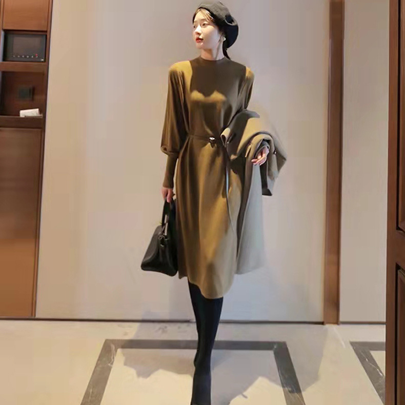 Women's half turtleneck long solid color inner sweater with overcoat bottoming skirt autumn and winter New French knitted dress