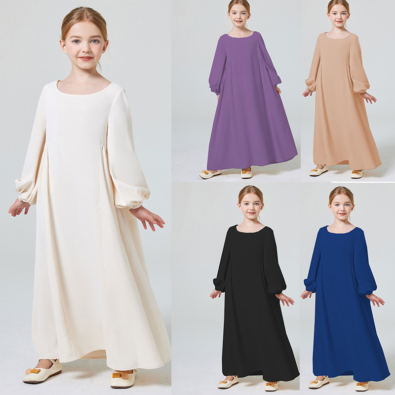 Middle East Girlskebaya Pure Color Stretch Pleated Sleeve abaya Robe MSL195