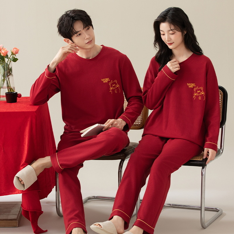 Pijama de otoño y invierno para parejas, traje rojo de mangas largas para hombres y mujeres, boda, chaqueta de fiesta, ropa casera casera