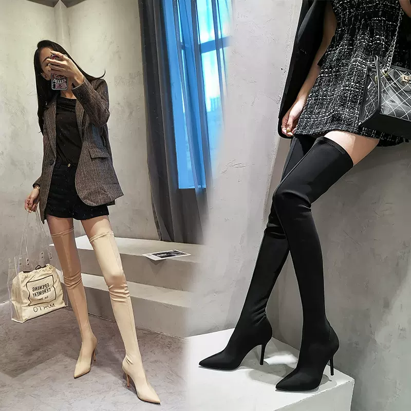 显腿长的靴子瘦瘦腿弹力靴过膝长靴女2021新款袜子靴尖头细高跟鞋