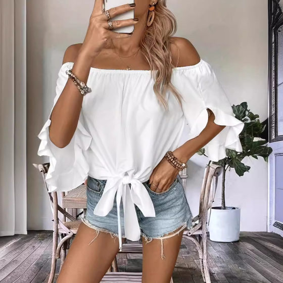 European and American Cross-border Women's Shoulder Collar Trumpet Sleeve Seven-point Sleeve Casual Lace-up Bow Loose Top