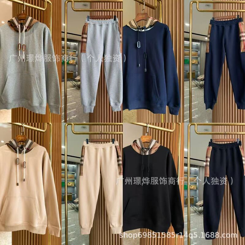 European-style light luxury color-blocked plaid patchwork top and pants men's casual fleece hooded sweatshirt set trendy in stock European-style light luxury color-blocked plaid patchwork top and pants men's casual fleece hooded sweatshirt set trendy in stock
