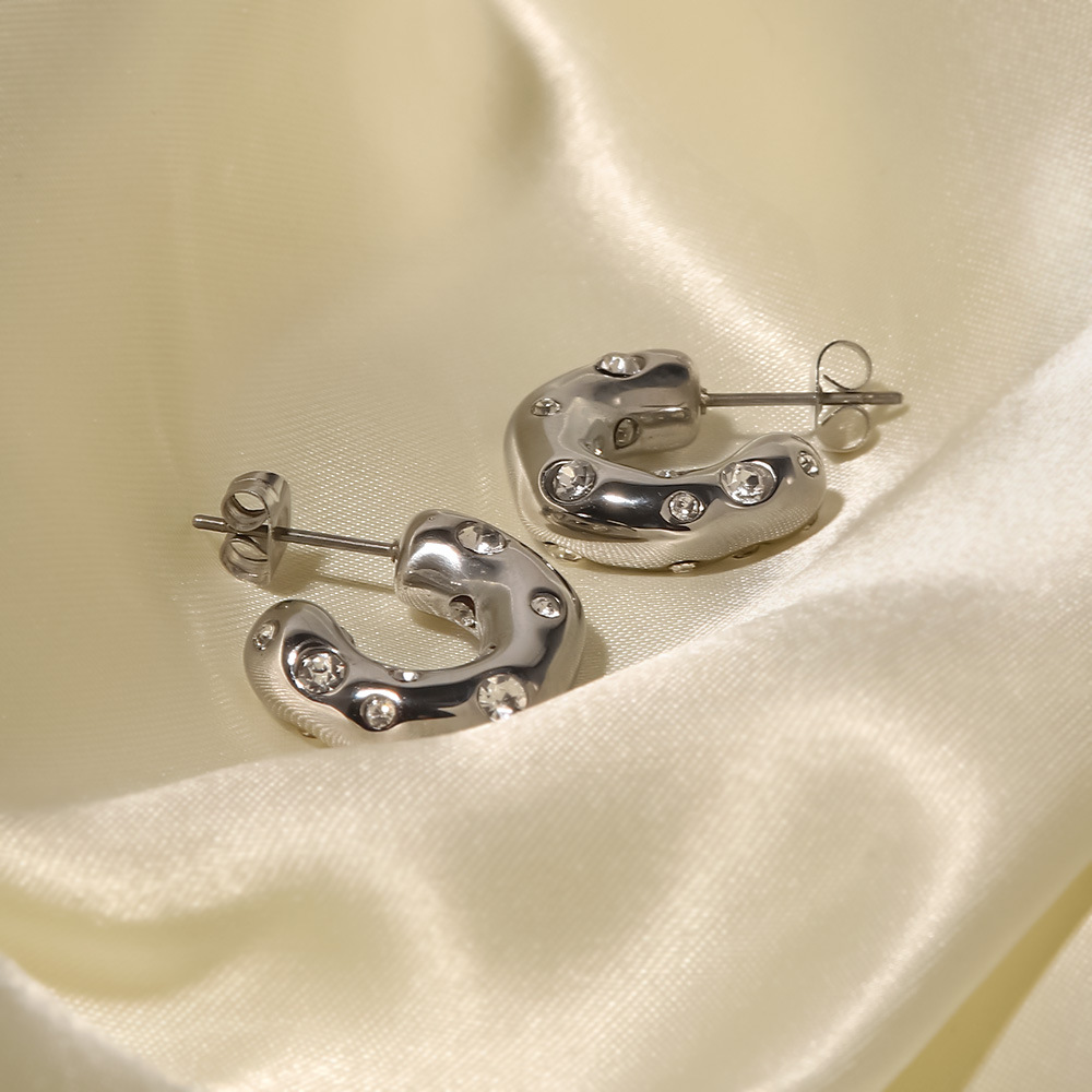 Simple Style C Shape Stainless Steel Inlaid Zircon Hoop Earrings 1 Pair