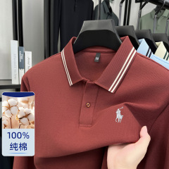 100%纯棉男士POLO衫长袖高级感春秋时尚男装刺绣小马螺纹翻领t恤