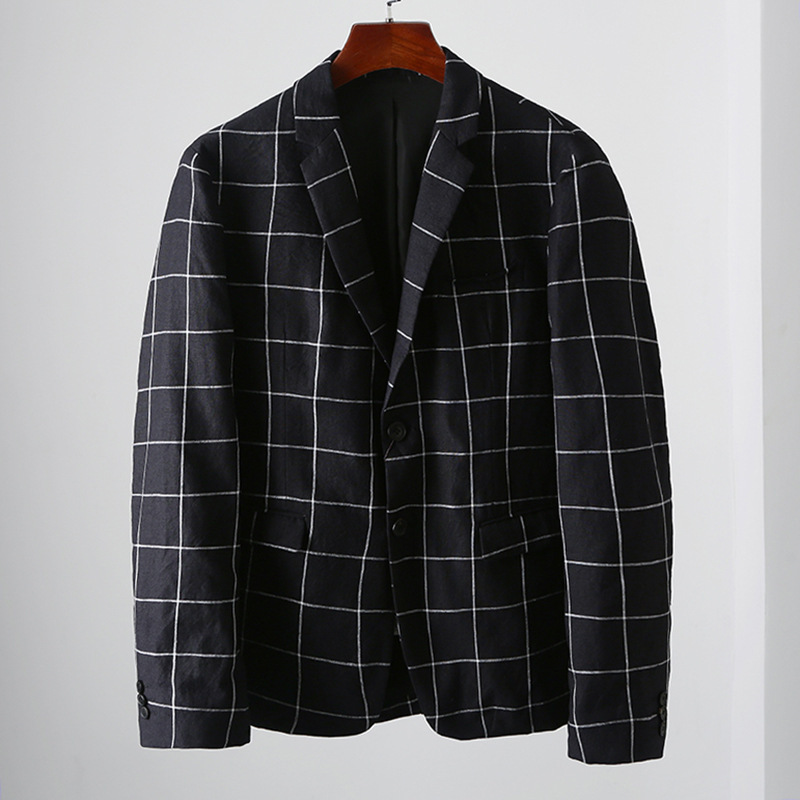 Withdrawal 100 Linen Breathable Casual Suit Men's Spring and Autumn Single Western Slim Fit Plaid Suit Jacket 303051