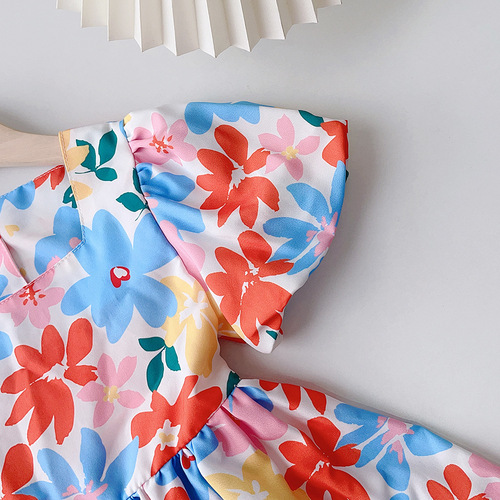 Korean children's clothing backless design floral girls dress summer puff sleeve baby girl short-sleeved skirt vacation dress