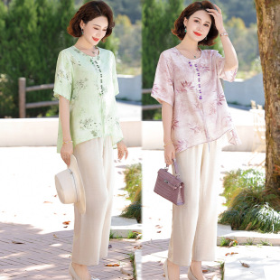 Western Style Mother's Short-sleeved T-shirt Middle-aged and Elderly Women's Elegant Summer Fashion Floral New Chinese Style National Style Shirt 2025