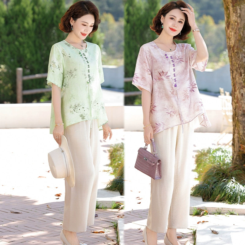 Иностранная мама с короткими рукавами футболка среднего и пожилого женского темперамента летняя мода цветочная новая китайская рубашка в стиле 2025