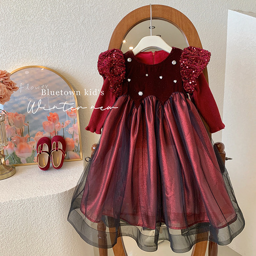 Children's clothing, girls' advanced heavy-duty dress, autumn and winter sleeves, thickened skirt, velvet dress, baby girl's birthday princess dress