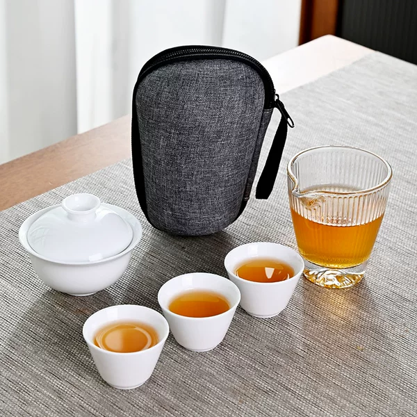 Outdoor Travel Tea Set, White Porcelain Ceramic Quick-Cup Set, Simple Three-Cup High-End Portable Car Gift Set