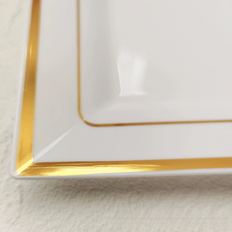 Золотая кайма одноразовая квадратная тарелка для вечеринки из прочного пластика высокого класса, буфетная круглая тарелка с ножом, вилкой и ложкой кросс-бордерная внешняя торговля temu