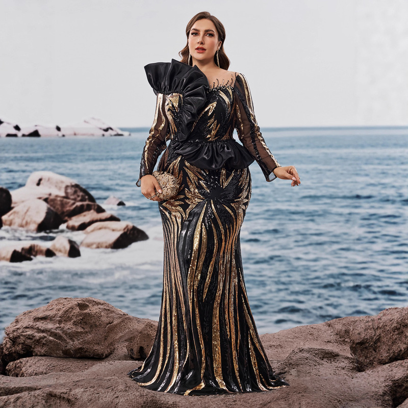 European and American Amazon Long-Sleeved Sequin Embroidered Mermaid Evening Dress Formal Elegant Ruffled Luxury Beaded Dress