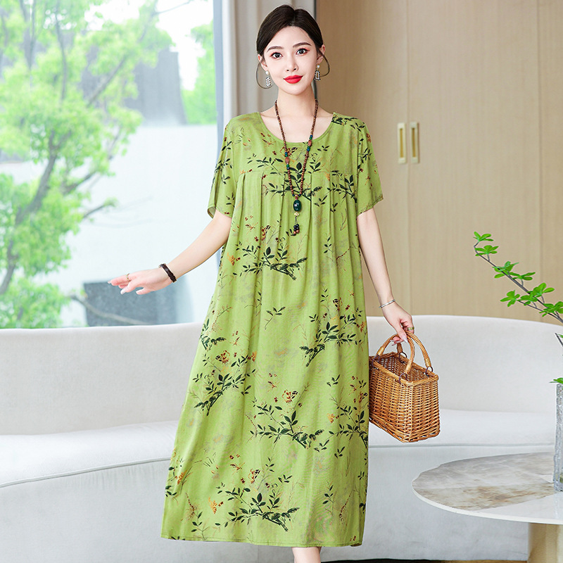 Middle-Aged Mother's Dress Mid-Length Cotton Silk Belly-Covering Large Size Loose Middle-Aged and Elderly Women's Summer Over-The-Knee Skirt