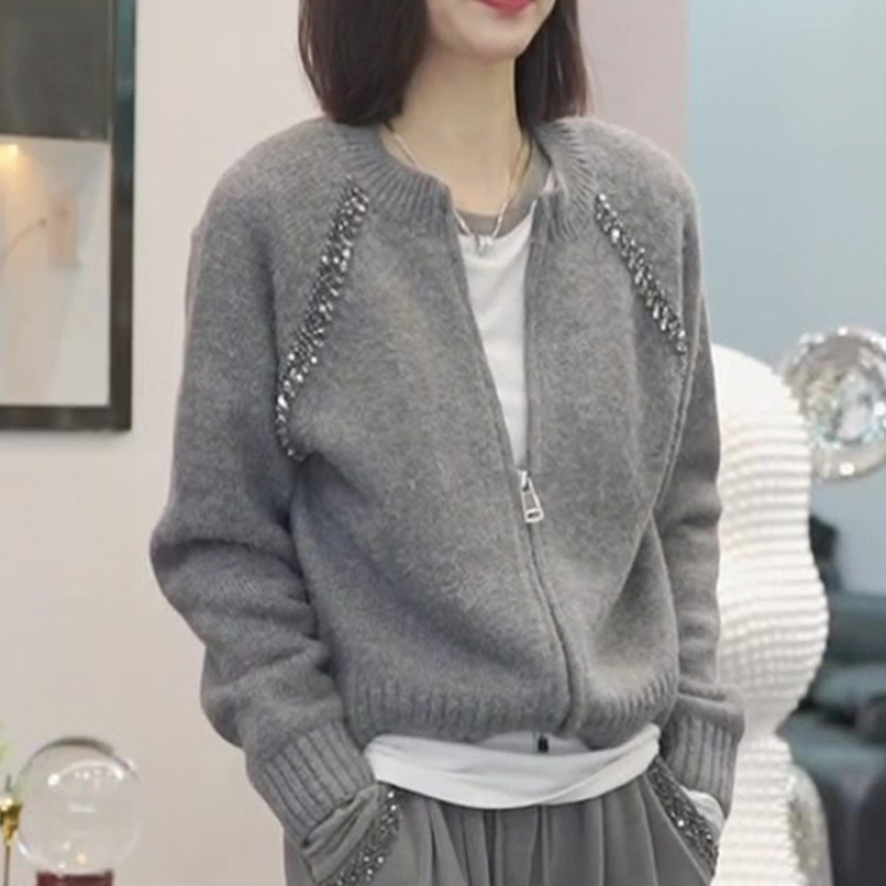 时尚烫钻针织开衫女秋冬新款韩版宽松显瘦遮肉百搭长袖毛衣小外套|undefined
