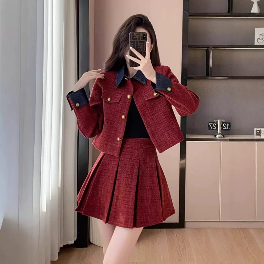 秋冬法式名媛红色小香风连衣裙女本命年衣服新年战袍百褶裙两件套
