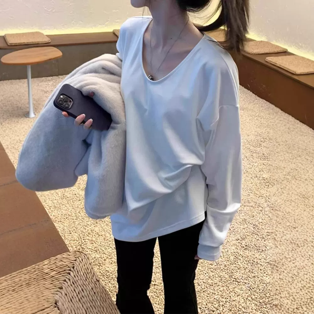 白色重磅纯棉大领口长袖T恤女欧货宽松大版显瘦遮屁股的上衣