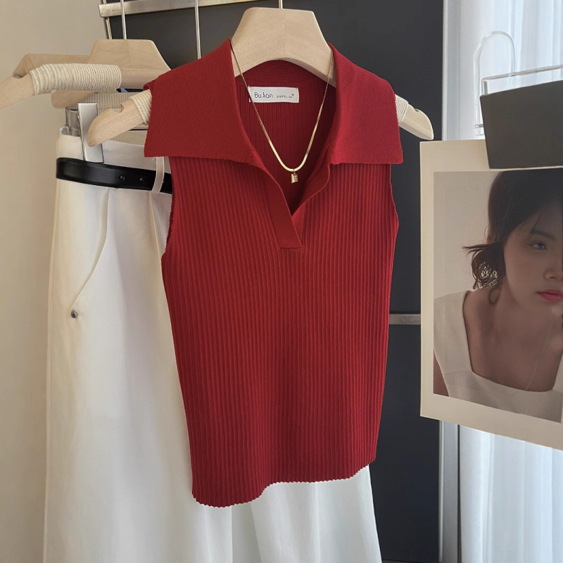 Red Hong Kong Style Retro Outer Wear Knitted Back Women's Summer New Inner Base Sleeveless French Polo Collar Top Trendy