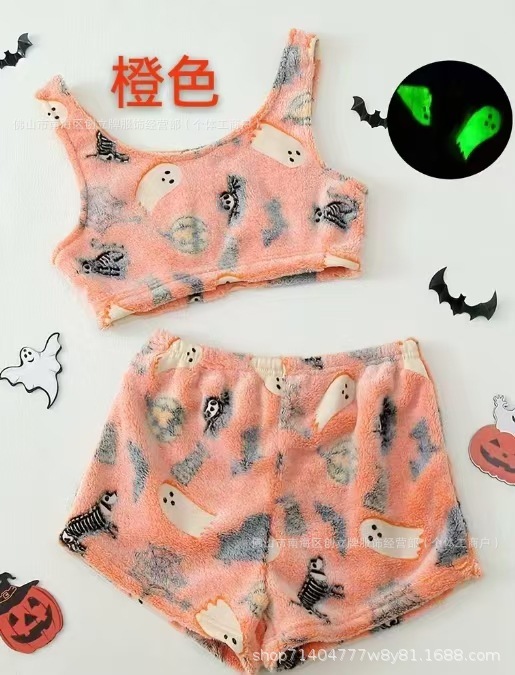 外国貿易ハロウィーン夜光フランネルパジャマ女性秋冬ベルベット保温レジャー家庭セット落書き発光ズボン|undefined