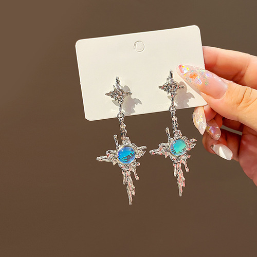 Silver needle geometric liquid metal drop earrings irregular gradient zircon tassel earrings silver needle temperament wholesale women