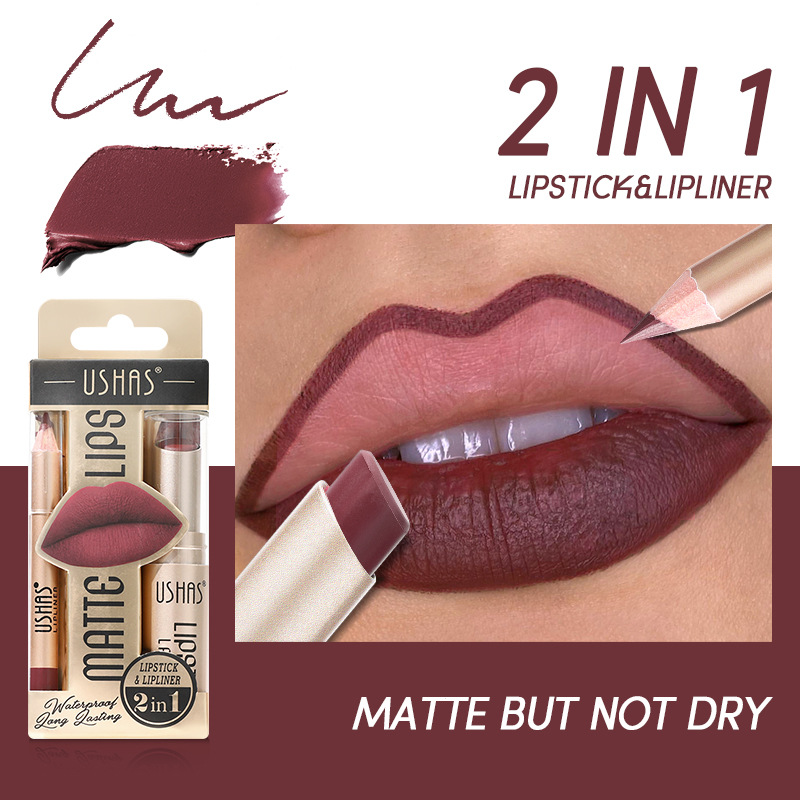 USHAS includes gold box matte lipliner durable waterproof nude lipstick color_voghion.com