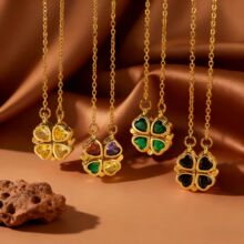 新款一款两戴爱心彩色锆石折叠开四叶花轻奢网红同款不锈钢项链女