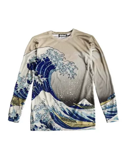 Fashion 3D Printed Wave Long Sleeve T-Shirt, Men's Round Neck Long Sleeve Men's T-Shirt Oversized Casual Women's Clothes T-Shirt