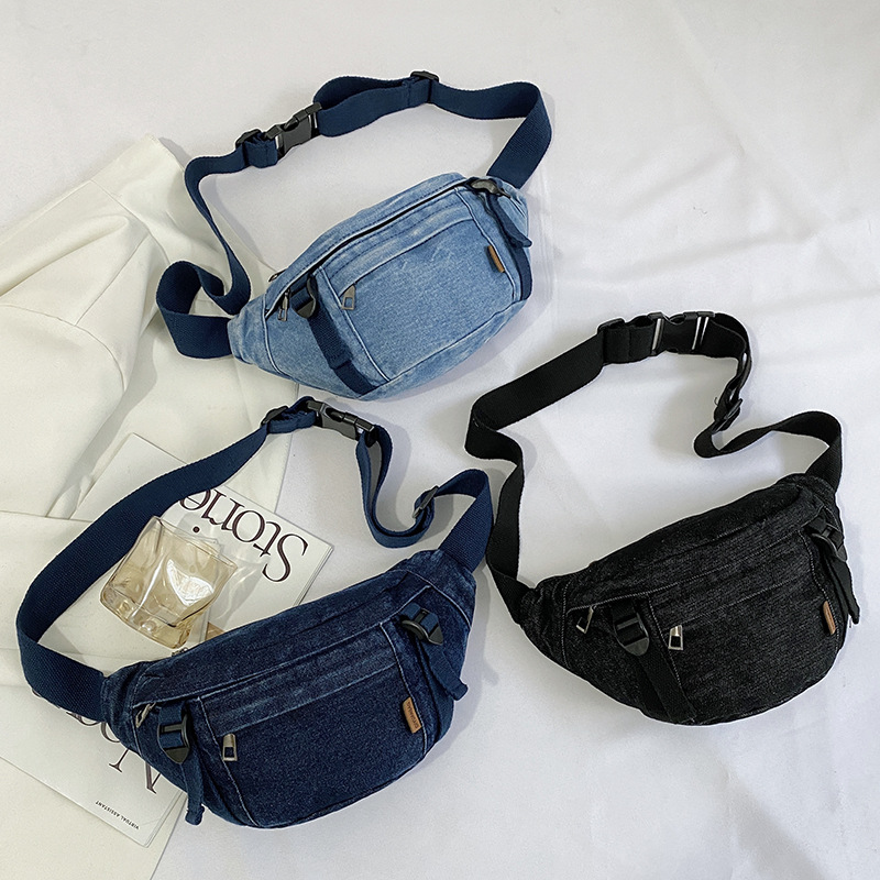 Bolso de pecho de mezclilla de nuevo estilo japonés para mujer Bolso de cintura de gran capacidad de moda de estilo occidental Bolso de mujer diagonal de un solo hombro deportivo de ocio