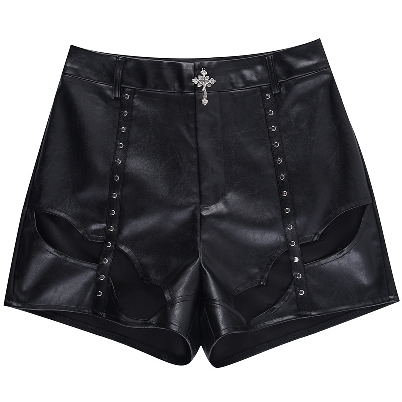 Gothic hollow tight high waist solid color leather shorts NSGYB132698