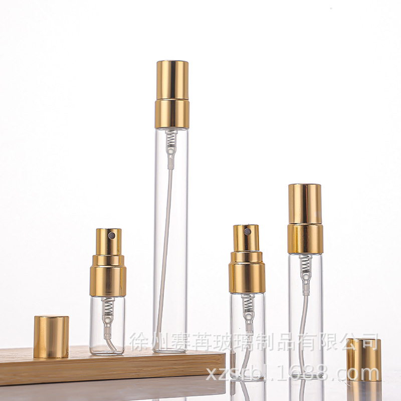 Botella de spray de perfume espesa en stock, muestra de perfume, botella de spray de alta gama de vidrio cosmético portátil