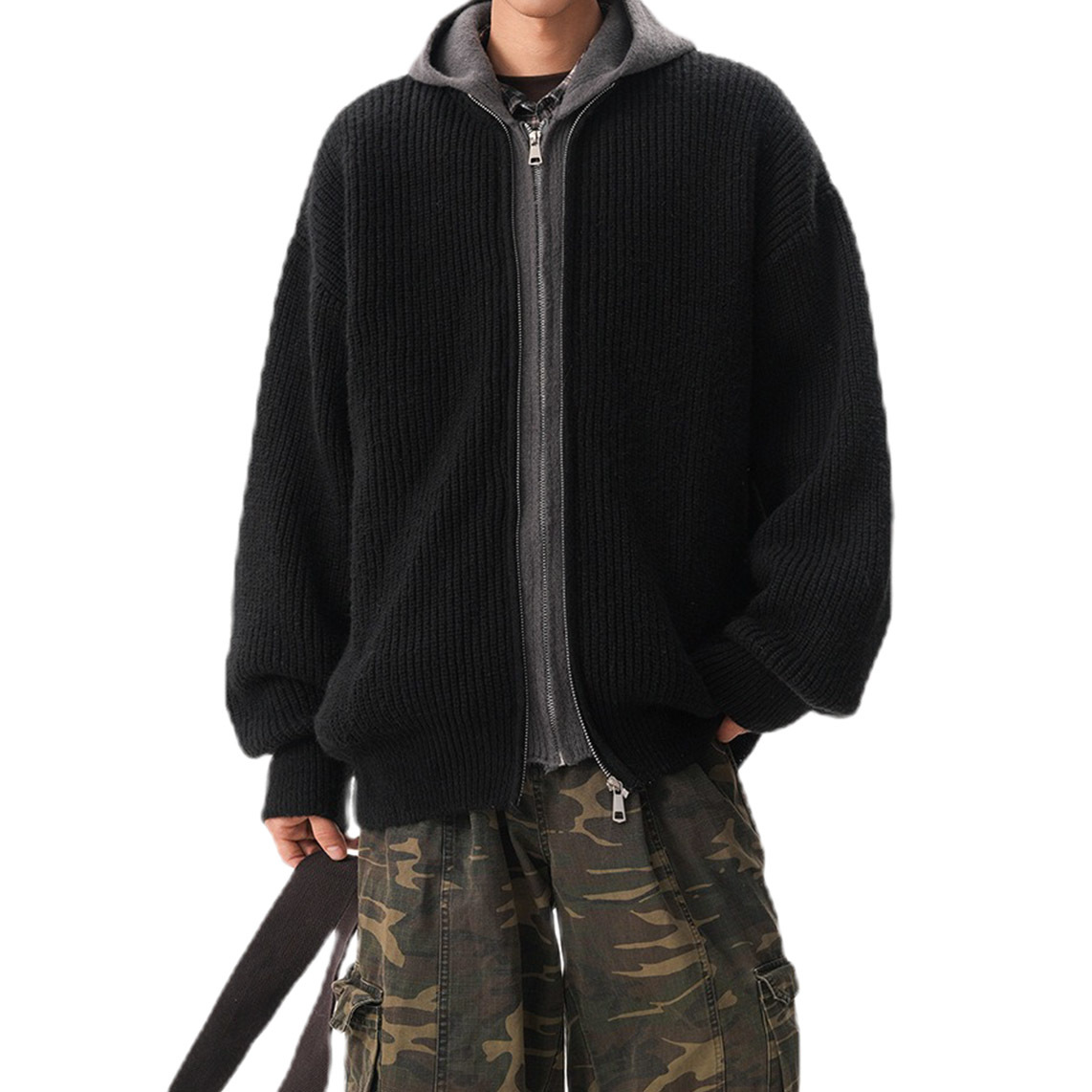 Explosiones transfronterizas de tamaño grande falso de dos piezas con capuzas camisetas de punto suéter cardigan chaqueta de otoño y invierno fábrica al por mayor