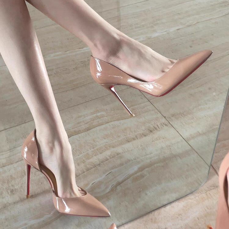 High Heels New Autumn and Winter Elegant Black High-End Sexy Side Hollow Patent Leather Stiletto Pointed Toe Nude Red Bottom Shoes for Women