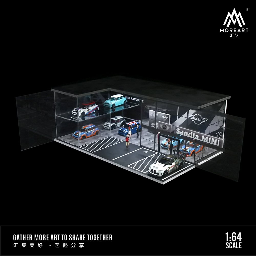 도매-HUIYI MOREART1:64MINI4S 매장 테슬라 도요타 자동차 전시장 조명 장면 모델
