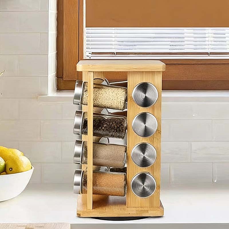 Rack de condimento transfronterizo de bambú y madera giratorio multilatas rack de especias de cocina cubierta de acabado botella de condimento almacenamiento rack de almacenamiento