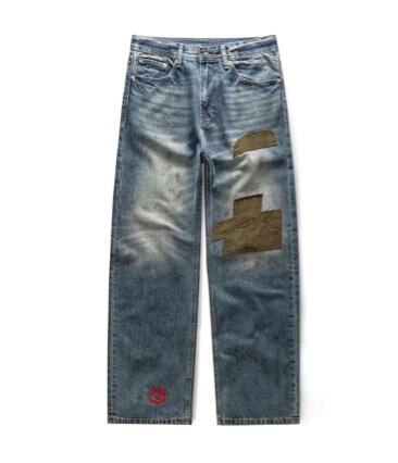 American Retro Casual Pants with Small Damage, Patchwork Corduroy, Ink Splash Embroidery, Washed Patch Jeans for Men