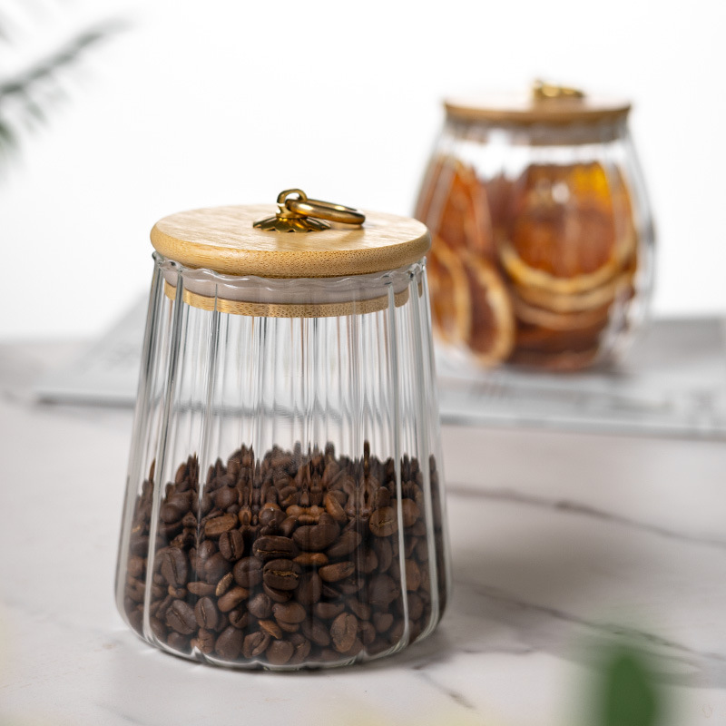 Vidrio sellado frasco vertical patrón de almacenamiento tarro de té diario hogar anillo de tracción cubierta de bambú tuerca tarro de almacenamiento de grado alimenticio