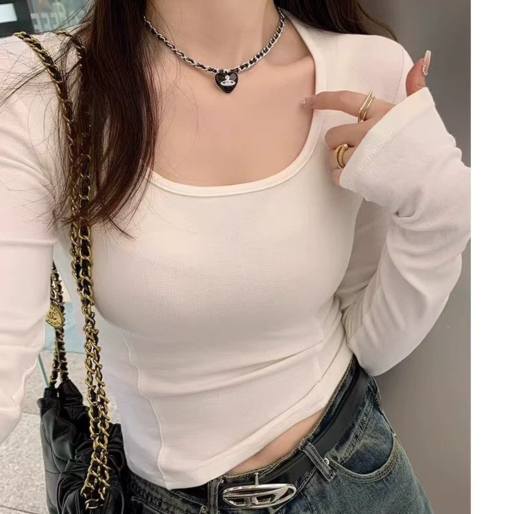 Delong теплая нижняя рубашка женская рубашка французская тонкая футболка с коротким вырезом и длинными рукавами